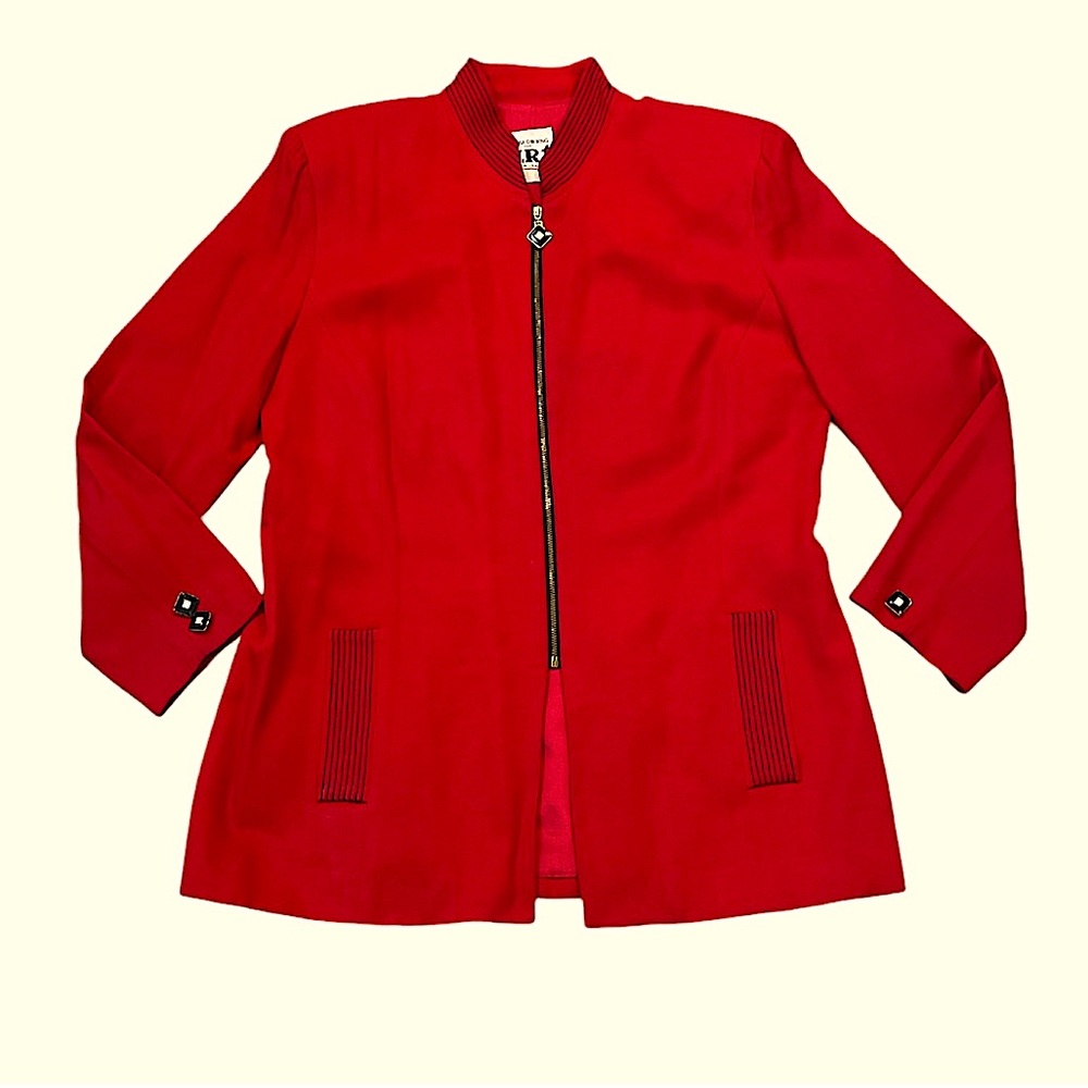 Vintage Sandra Ow-Wing N.R.1 Red Full Zip Blazer MCM Mandarin Collar Size XL